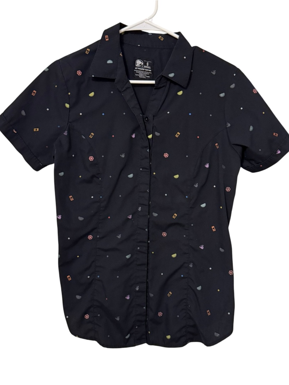 Taco Bell Employee Uniform Shirt Women's Small Button Up All Over Print SS